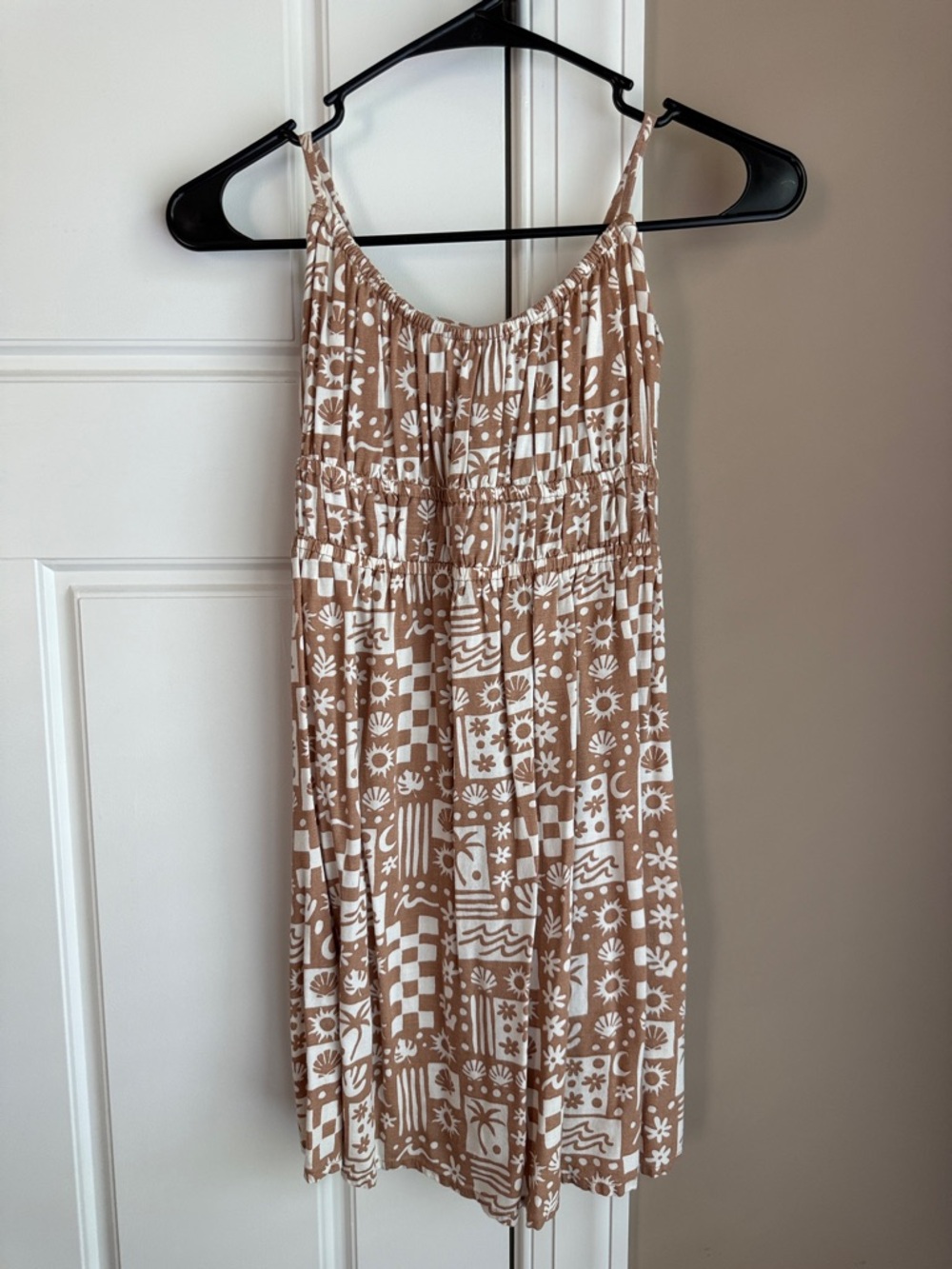 Volcom Beige and White Printed Spaghetti-Strap Sundress